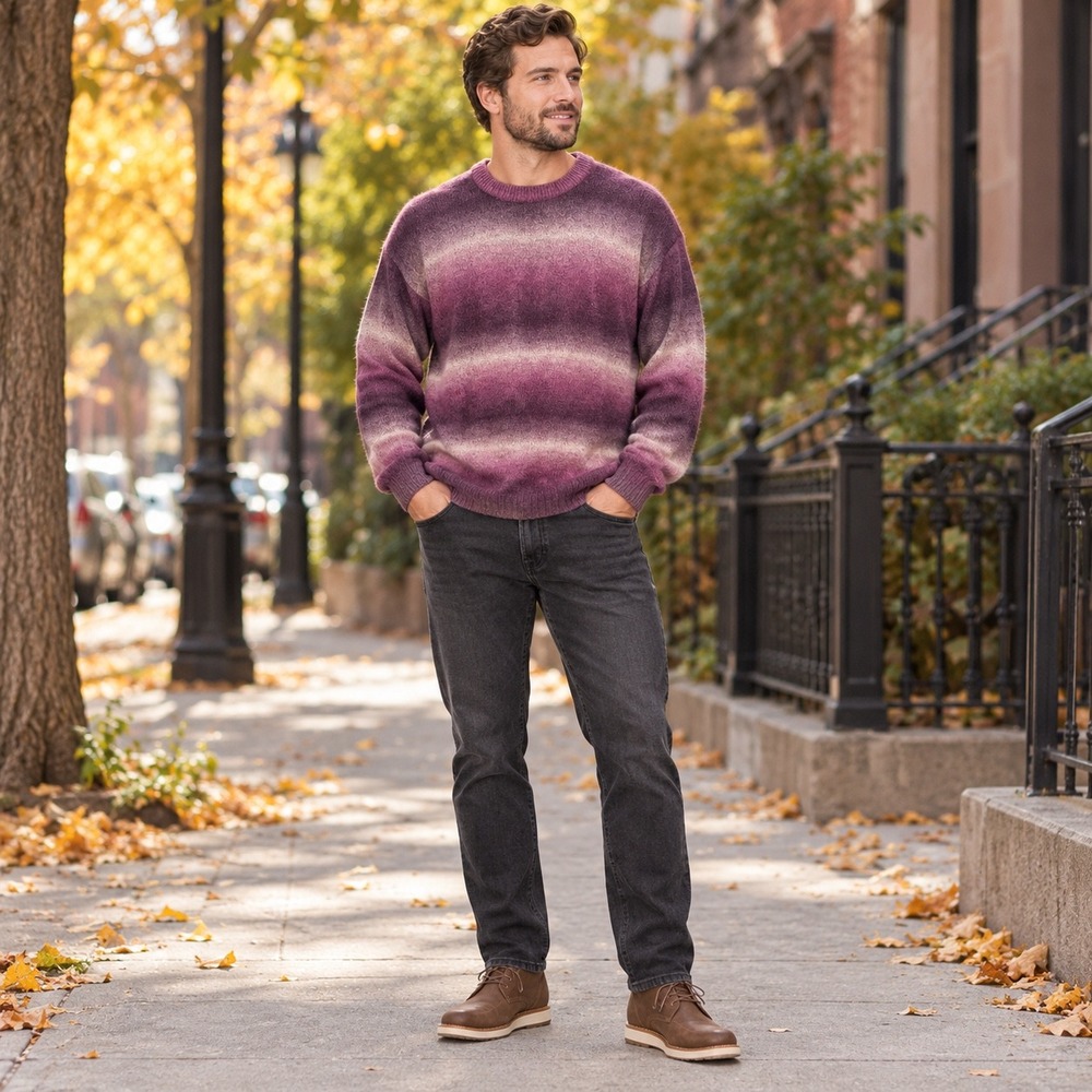 Original Use Mens Ombre Plum Purple Fuzzy Knit Crewneck Sweater Large F00331702